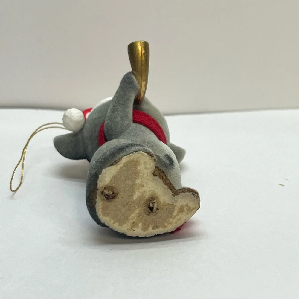vintage flocked mouse christmas ornament‎ santa hat horn 3 inch